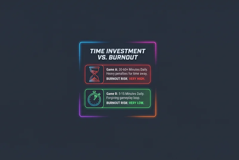 Dark sleek infographic titled Time Investment vs. Burnout, displaying two data cards that contrast a demanding game requiring 30 to 60 daily minutes with a high burnout risk against a forgiving game needing only 5 to 15 minutes with a low burnout risk.