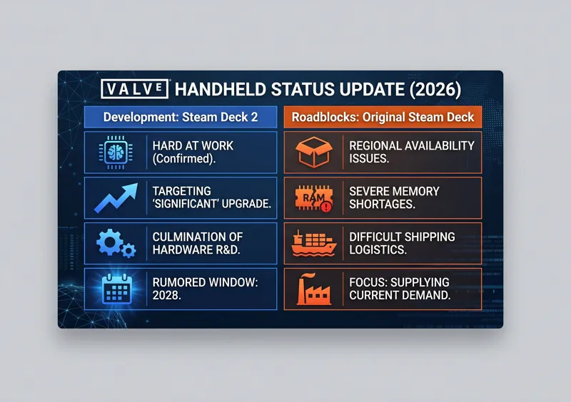 A two-column dashboard infographic contrasting Valve's active development on the Steam Deck 2 with the current global market roadblocks, specifically severe RAM shortages and shipping constraints impacting the original Steam Deck.