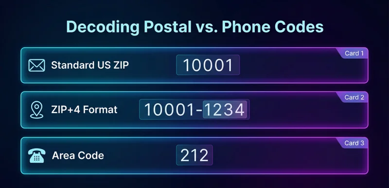 Infographic explaining the technical differences between a standard 5-digit ZIP code, an extended 10 digit zip code format with a hyphen, and a 3-digit telephone area code.