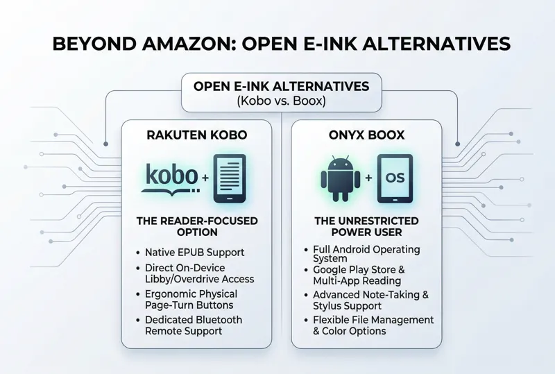 Comparison infographic highlighting the main differences between Rakuten Kobo and Onyx Boox e-readers as open alternatives to the Amazon Kindle.