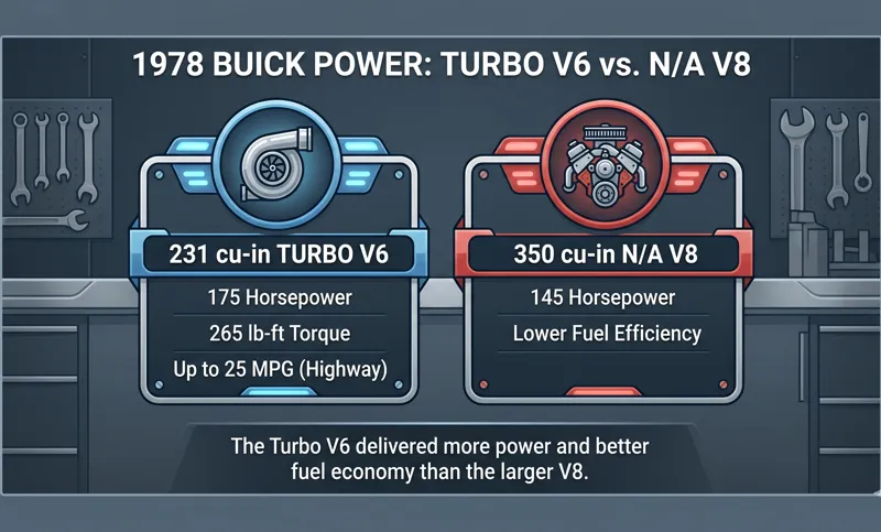 Mechanical-themed data infographic comparing the 1978 Buick 231 cubic-inch Turbo V6 engine, which produced 175 horsepower and 25 MPG, against the naturally aspirated 350 cubic-inch V8 that only produced 145 horsepower.