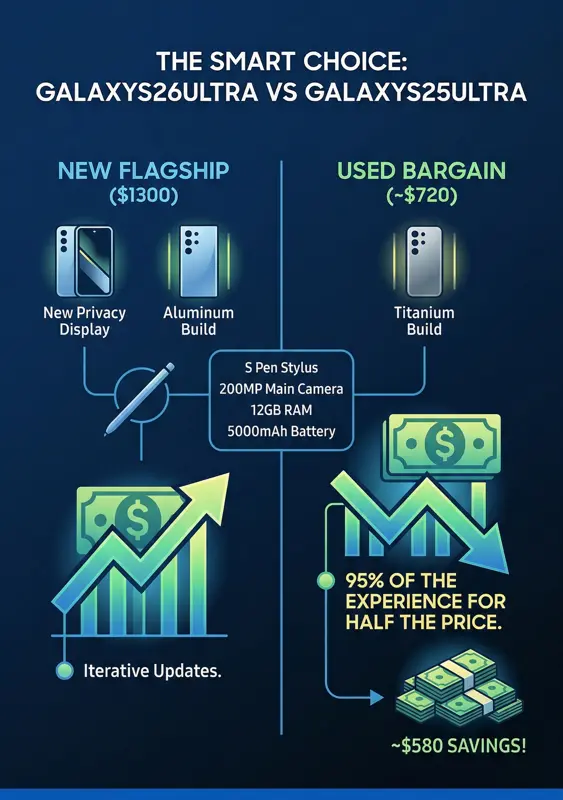 A head-to-head infographic comparing the features and price of the new 1,300 dollar Galaxy S26 Ultra against the used 720 dollar Galaxy S25 Ultra, highlighting a massive 580 dollars in savings.