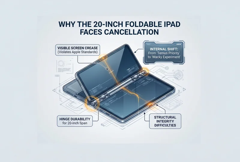 Schematic infographic detailing the technical challenges of the Apple foldable iPad, including screen crease issues and hinge durability.