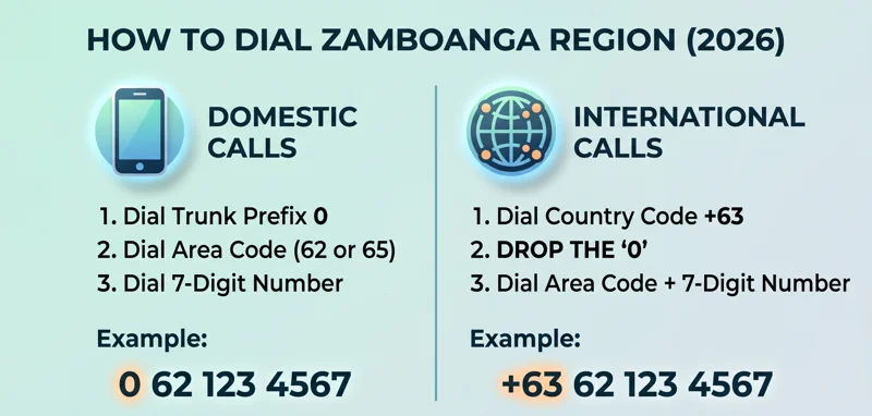 Step-by-step visual guide on how to format the area code Zamboanga requires for domestic calls and international dialing using the +63 Philippines country code.