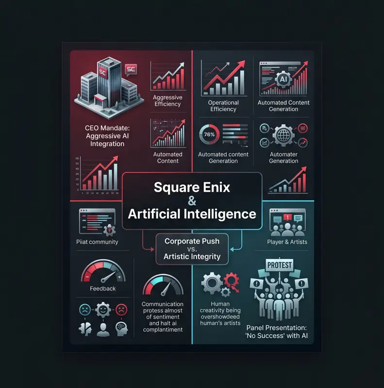 Infographic comparing Square Enix CEO Takashi Kiryu's aggressive push for AI integration with the community and developer pushback seen at Fan Fest.