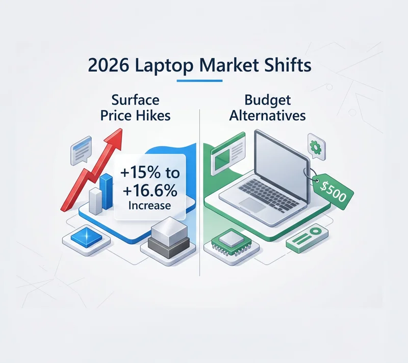 Comparison infographic displaying the 15 to 16.6 percent price increase for Microsoft Surface PCs next to $500 budget laptop alternatives.