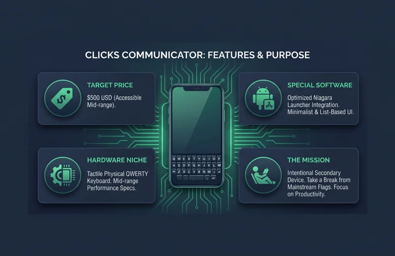 Dashboard infographic detailing the Clicks Communicator phone features, highlighting its 500 dollar price tag, tactile physical QWERTY keyboard, Niagara Launcher integration, and its mission as a secondary productivity device.
