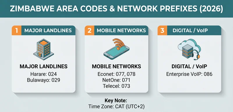 Cheat sheet showing the specific area code Zimbabwe uses for Harare and Bulawayo, plus mobile prefixes for Econet and NetOne.