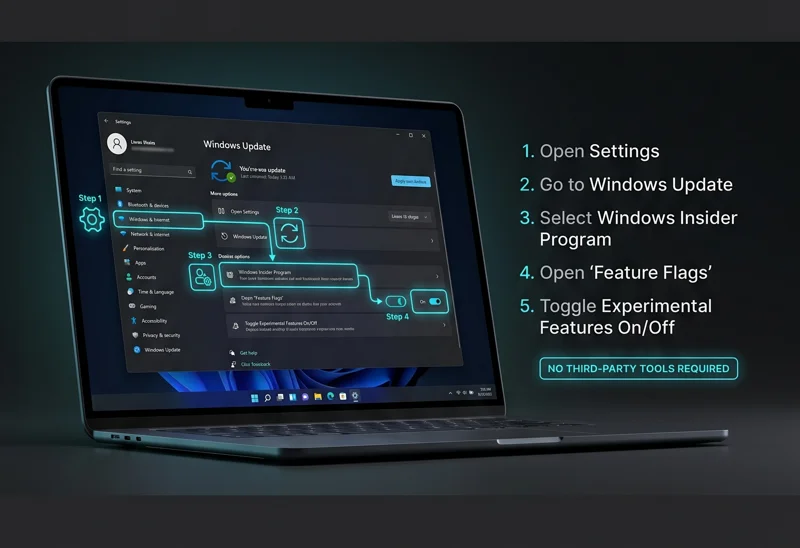 Step-by-step infographic showing how to manually enable hidden experimental features natively in the Windows 11 Settings app without using third-party tools.