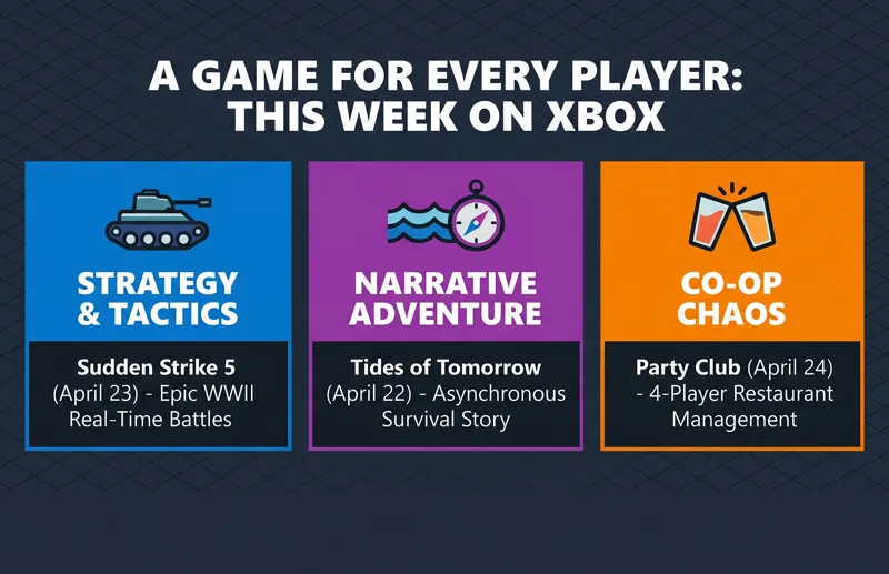 Vibrant flat-design infographic titled A Game for Every Player This Week on Xbox, displaying three colorful vertical panels that categorize new games: Sudden Strike 5 for Strategy, Tides of Tomorrow for Narrative Adventure, and Party Club for Co-Op Chaos.