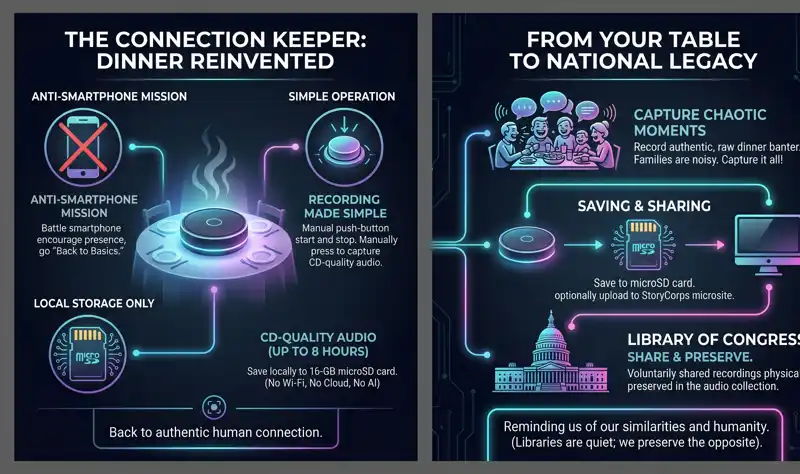 Infographic illustrating the step-by-step process of recording family dinner conversations with the Connection Keeper and voluntarily uploading them to StoryCorps for preservation in the US Library of Congress.