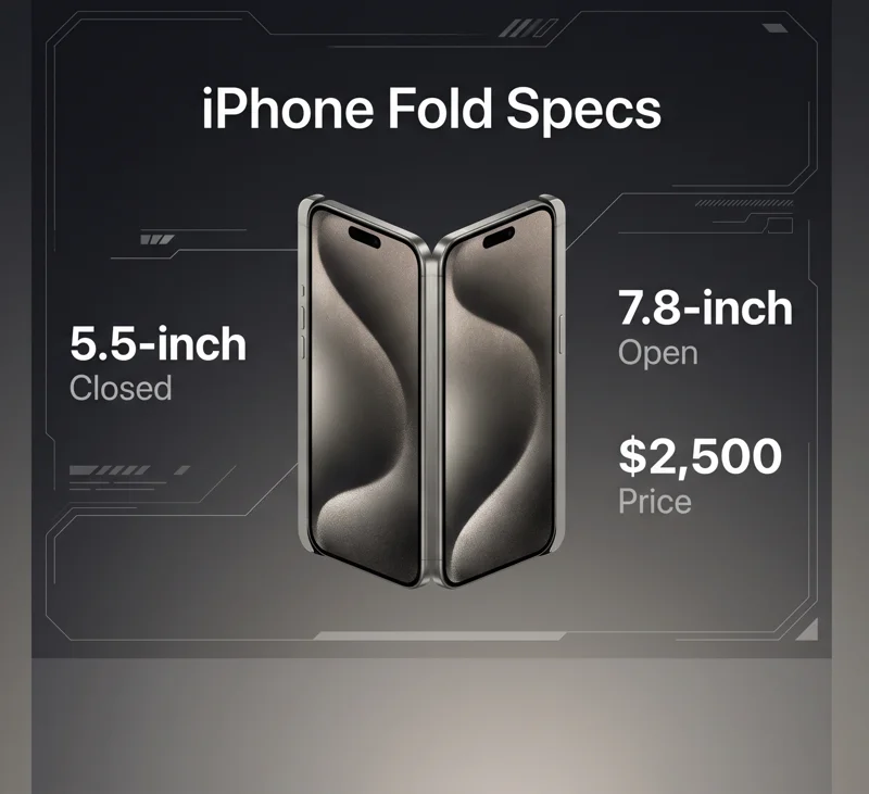 Infographic displaying the rumored specifications of the iPhone Fold, featuring a 5.5-inch closed display, a 7.8-inch open display, and a $2,500 price tag.