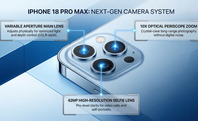 Infographic detailing the iPhone 18 Pro Max camera upgrades, including a true variable aperture main lens, a 10x optical periscope zoom, and a 42-megapixel selfie camera.