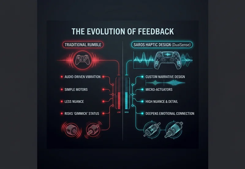 Comparison infographic showing the differences between traditional audio-driven controller rumble and the custom narrative haptic design utilized in Saros on the PlayStation 5.