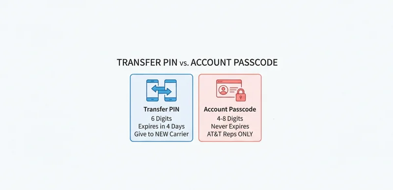 Comparison chart showing the key differences between the 6-digit temporary AT&T transfer PIN used for switching carriers and the permanent account security passcode.