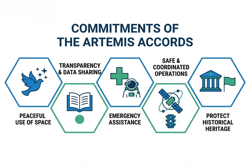 Icon-based infographic detailing the core commitments of the Artemis Accords, including peaceful use of space, transparency, emergency assistance, safe operations, and protecting historical heritage.