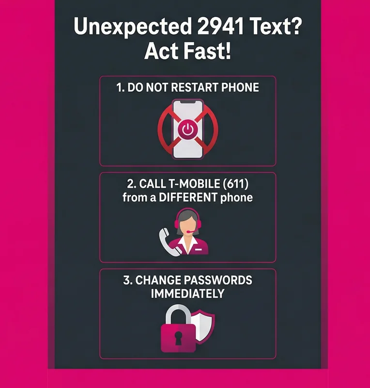 Step-by-step security action plan to follow if you receive an unexpected 2941 text message from T-Mobile, including not restarting your phone, contacting support immediately, and changing passwords.