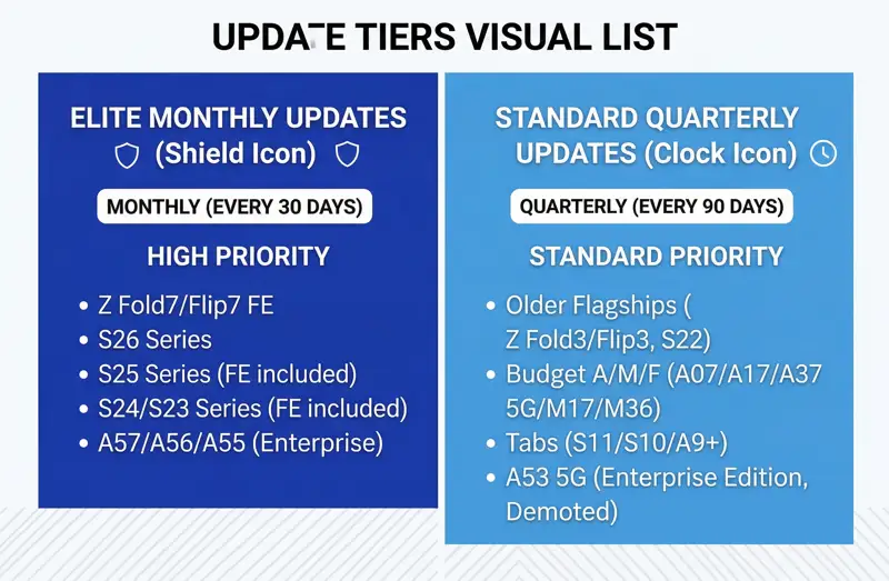 Infographic comparing Samsung Galaxy devices on the monthly security update schedule, like the S26 and Z Fold7, against those on the quarterly schedule, like the S22 and A37 5G.