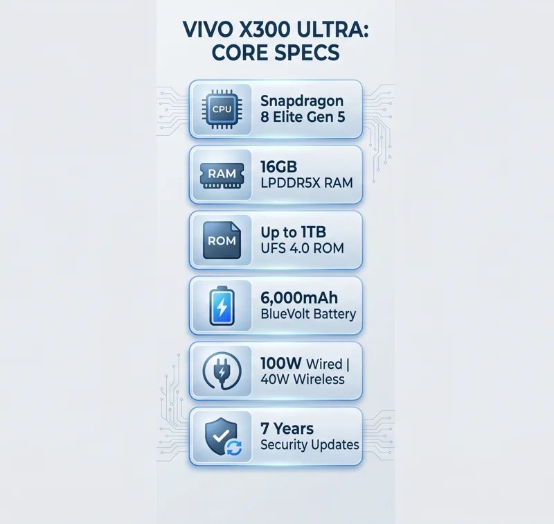 Infographic outlining the core hardware specifications of the Vivo X300 Ultra, including the Snapdragon 8 Elite Gen 5 chip and 6000mAh BlueVolt battery.