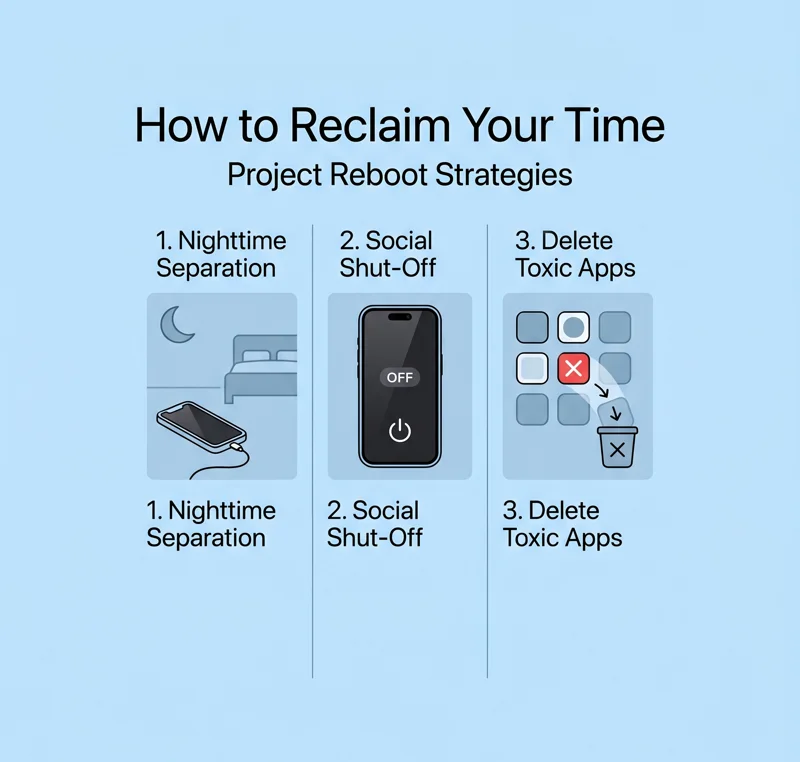 Infographic detailing three practical strategies to reduce screen time: nighttime device separation, turning phones off during social events, and deleting toxic social media apps.