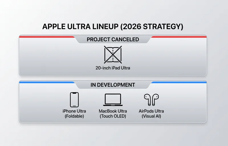 Infographic showing Apple's 2026 hardware strategy, indicating the iPad Ultra is canceled while the foldable iPhone Ultra, touch-enabled MacBook Ultra, and AirPods Ultra remain in development.