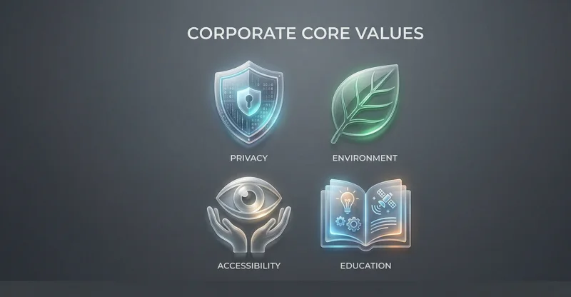 3D infographic displaying Apple's four foundational corporate values defended by Tim Cook: user privacy, environmental sustainability, technological accessibility, and education.