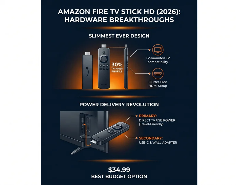 An infographic showing the 2026 Amazon Fire TV Stick HD's 30 percent thinner design and its new direct USB-to-TV power setup.