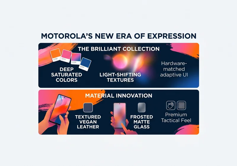 Abstract infographic detailing Motorola's new Brilliant Collection, highlighting material innovations like textured vegan leather, frosted glass, and hardware-matched adaptive user interfaces.