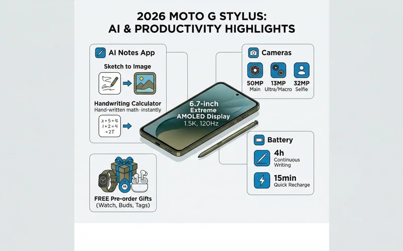 Infographic detailing the new AI features and specifications of the 2026 Moto G Stylus, including Sketch to Image, Extreme AMOLED display, and pre-order bundles.