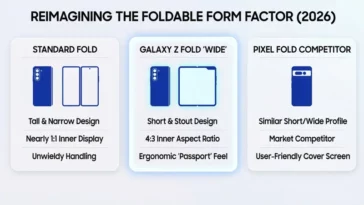 Infographic comparing the smartphone designs of the standard tall Galaxy Z Fold, the newly leaked shorter Galaxy Z Fold Wide, and the Google Pixel Fold, highlighting the shift to a more ergonomic 4:3 inner aspect ratio.