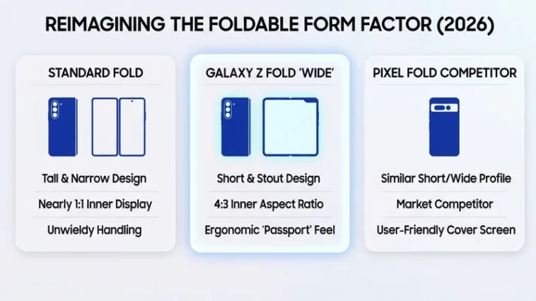 Infographic comparing the smartphone designs of the standard tall Galaxy Z Fold, the newly leaked shorter Galaxy Z Fold Wide, and the Google Pixel Fold, highlighting the shift to a more ergonomic 4:3 inner aspect ratio.