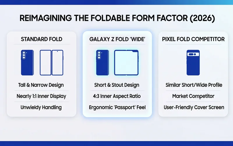 Infographic comparing the smartphone designs of the standard tall Galaxy Z Fold, the newly leaked shorter Galaxy Z Fold Wide, and the Google Pixel Fold, highlighting the shift to a more ergonomic 4:3 inner aspect ratio.