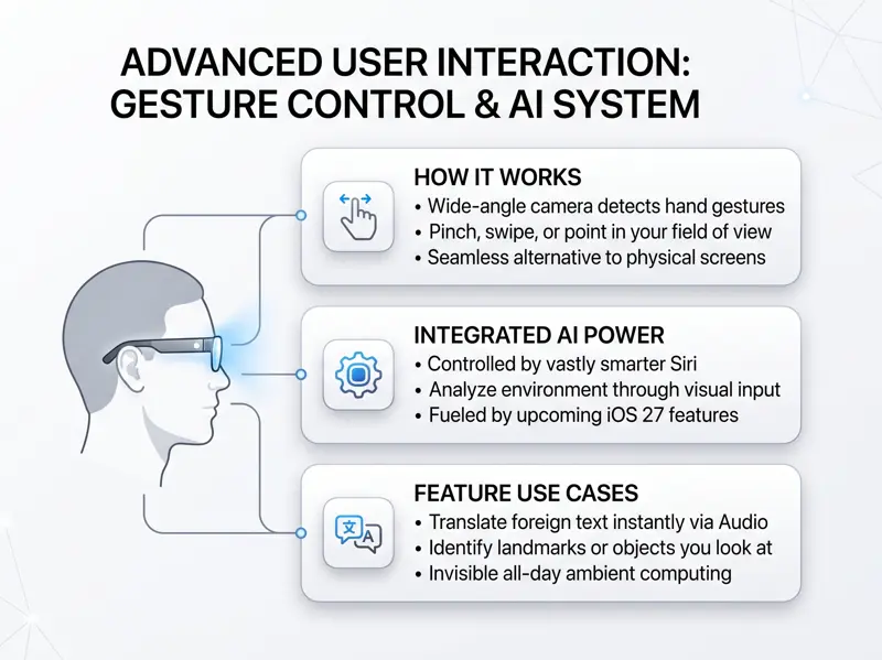 Infographic explaining how hand gesture controls and iOS 27 Siri power the screenless Apple AI smart glasses for seamless ambient computing.