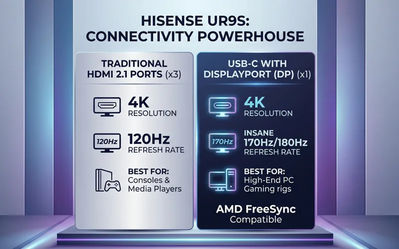 Infographic comparing the Hisense UR9S TV's standard HDMI 2.1 ports for consoles with its USB-C DisplayPort alternative that unlocks up to 180Hz for high-end PC gaming.