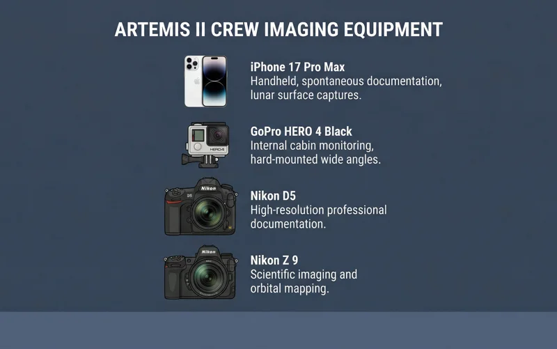 Infographic listing the diverse camera equipment used on the Artemis II space mission, including the iPhone 17 Pro Max, GoPro HERO 4 Black, Nikon D5, and Nikon Z 9.
