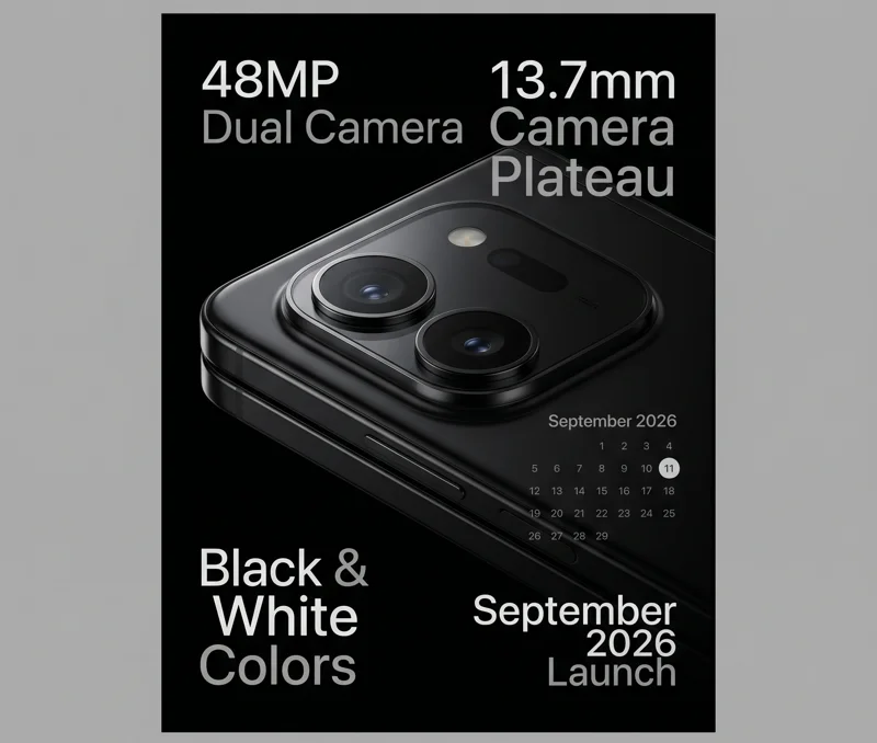 Infographic detailing the 48MP dual camera plateau, classic black and white color options, and the expected September 2026 launch date for the Foldable iPhone Ultra.
