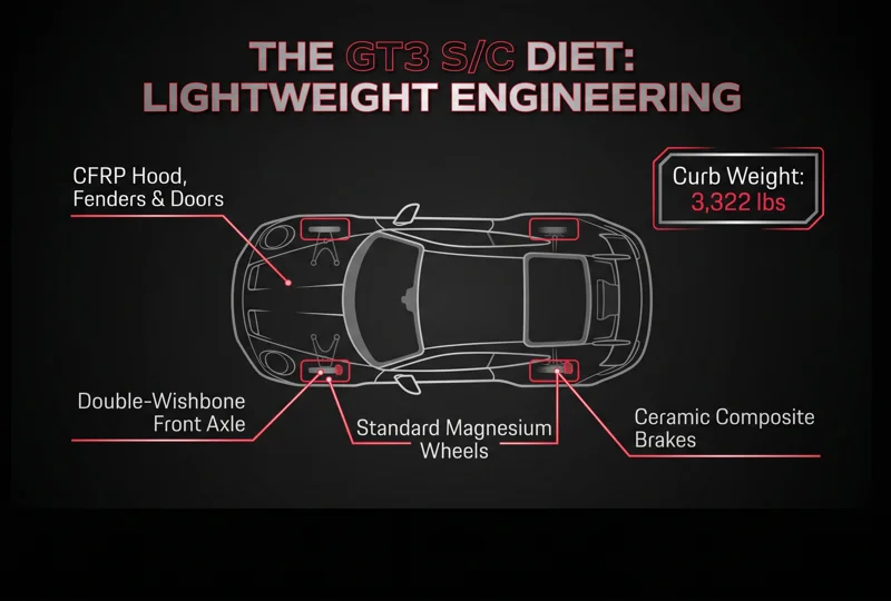 An engineering infographic showing the lightweight materials used in the Porsche 911 GT3 S/C, including CFRP body panels, magnesium wheels, and the double-wishbone front suspension.