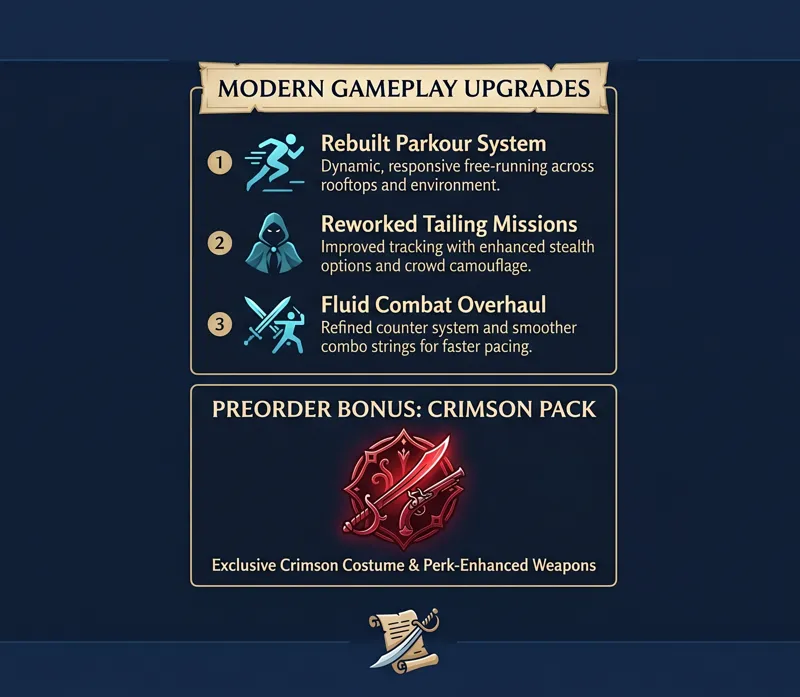 Infographic detailing the gameplay improvements in the Black Flag remake, including parkour and mission reworks, and the Crimson Pack preorder DLC.