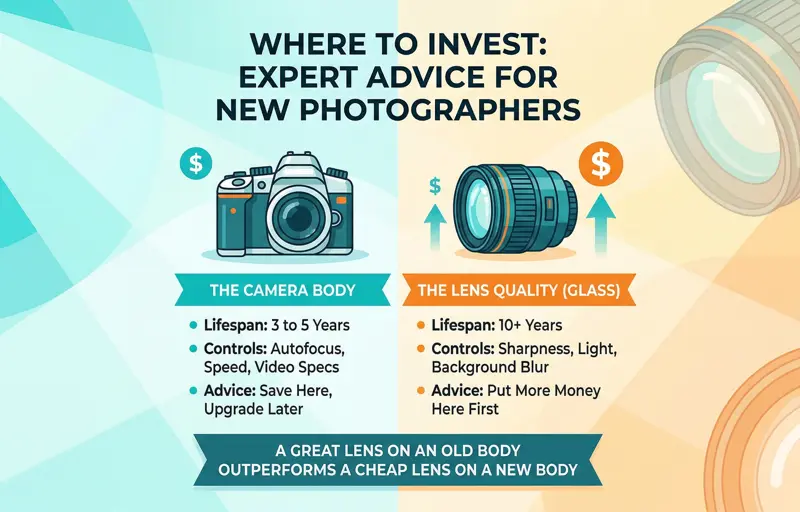 Educational infographic explaining why beginner photographers should spend more of their budget on high-quality camera lenses rather than expensive new camera bodies.
