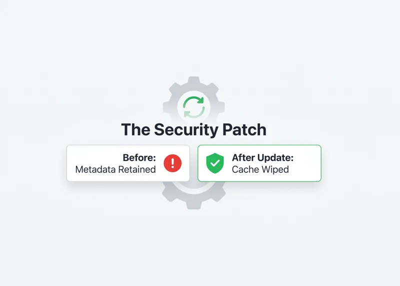 An infographic comparing the iPhone's security before and after the Apple patch, showing how the update now wipes the notification cache for deleted messages.