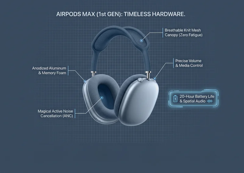 A technical infographic detailing the premium features of the 1st-Gen AirPods Max, including Active Noise Cancellation, the knit mesh canopy, memory foam earcups, and 20-hour battery life.