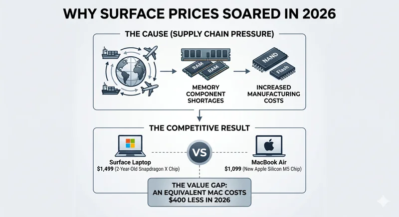 An infographic explaining how 2026 memory component shortages caused Microsoft Surface price hikes, resulting in a 400 dollar value gap when compared to the newer Apple M5 MacBook Air.