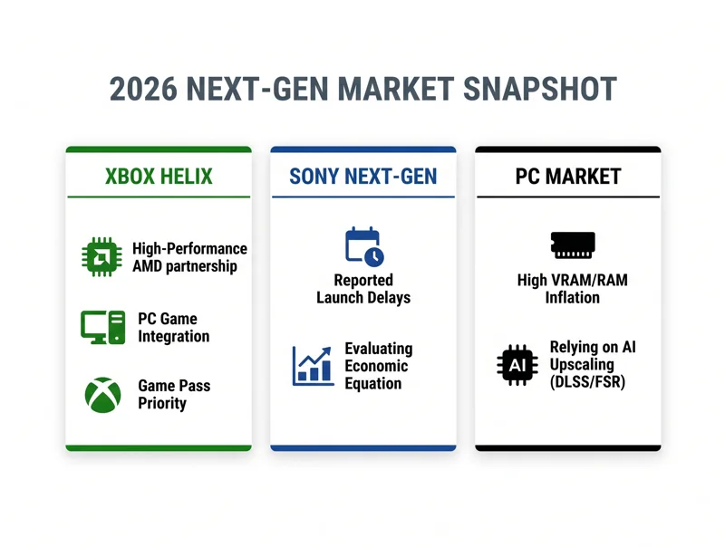Comparison infographic detailing the 2026 next-gen gaming market, highlighting Xbox Project Helix's focus on PC game integration and Game Pass, Sony's potential hardware delays, and the PC market's struggle with high RAM inflation.