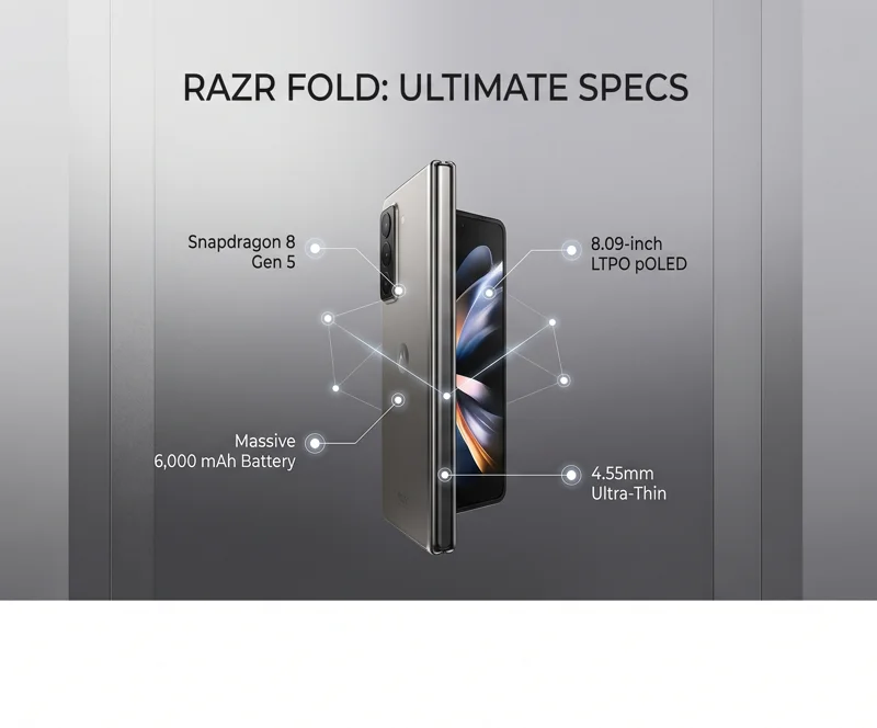 Infographic detailing the ultra-premium specs of the Motorola Razr Fold, featuring the Snapdragon 8 Gen 5 processor, 6,000 mAh battery, 8.09-inch internal display, and an ultra-thin 4.55mm profile.