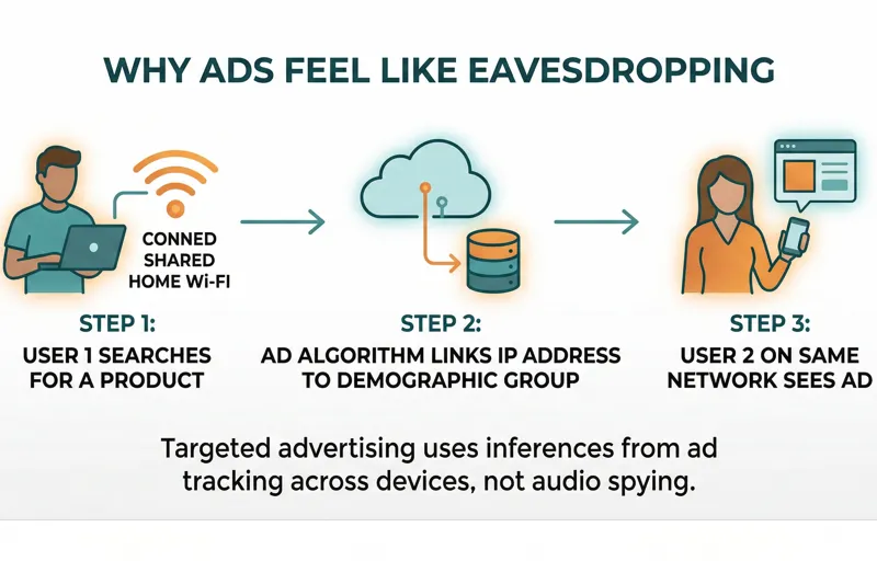 Flowchart infographic explaining how targeted ads use shared household Wi-Fi and IP addresses to serve advertisements to users based on their family members' search history, creating the illusion of a listening phone.