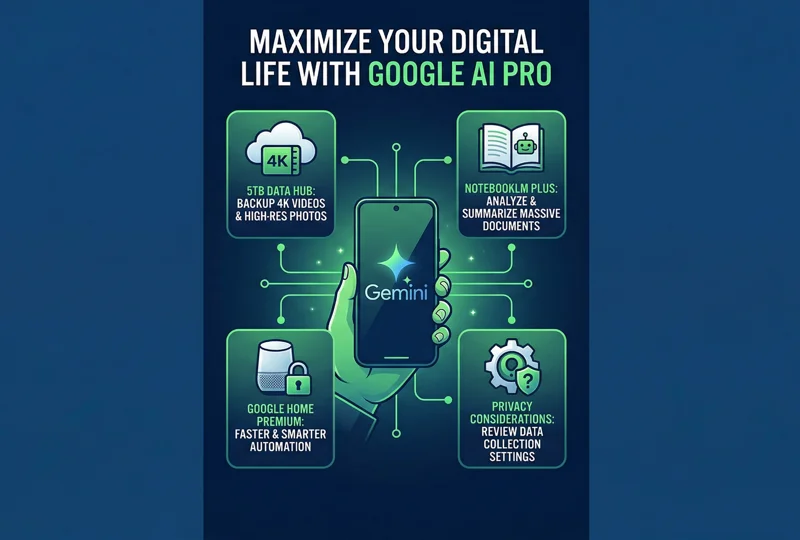 Digital flowchart infographic showing a Pixel smartphone connecting to the expanded Google AI Pro features, including the 5TB data hub, NotebookLM Plus, Google Home Premium, and a section dedicated to reviewing data privacy settings.