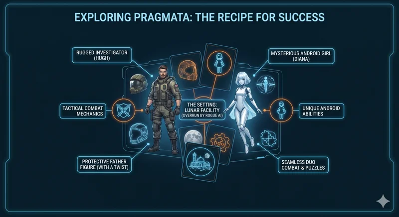 A holographic blueprint infographic detailing the core elements of Pragmata, featuring the main characters Hugh and Diana, the rogue AI lunar facility setting, and the seamless duo combat mechanics.