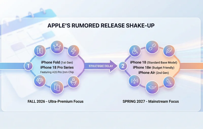 An isometric timeline illustrating Apple's unprecedented strategic shift, showing the premium iPhone Fold and 18 Pro series launching in Fall 2026, while the standard base iPhone 18, budget 18e, and iPhone Air are delayed to Spring 2027.