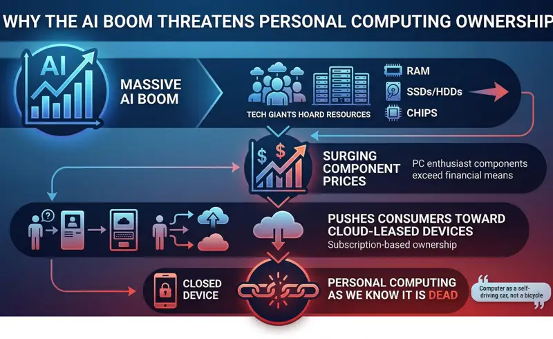 Flowchart explaining how the massive AI boom and resource hoarding by tech giants lead to surging PC component prices, forcing consumers toward cloud-leased devices and threatening personal computing.