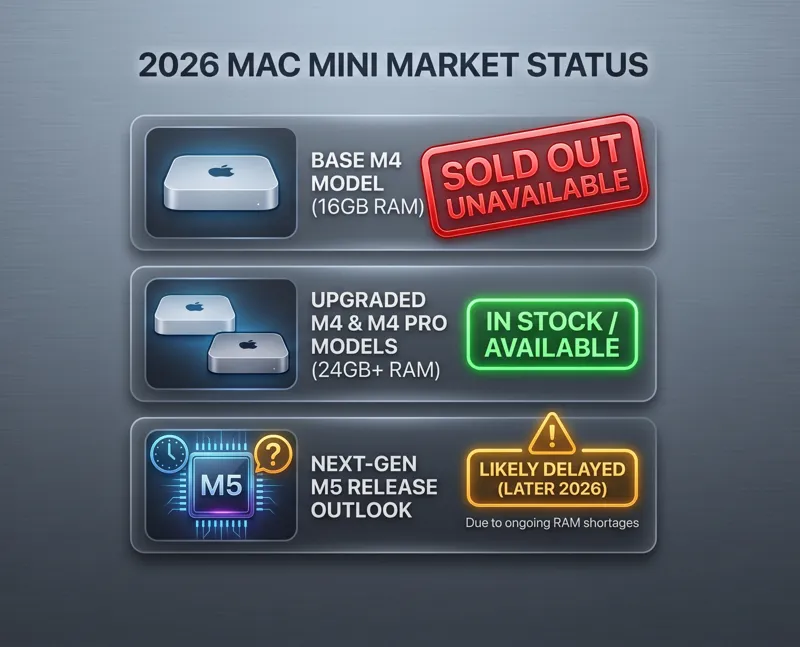 A digital dashboard showing the 2026 Mac Mini market status, indicating the 16GB base model is sold out, upgraded configurations are available, and the M5 release is delayed.